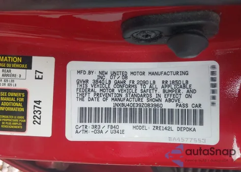 2009 Toyota Corolla Le from USA, damaged, VIN 1NXBU40E39Z083960